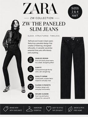 ZARA ZW The Paneled Slim Jeans Black High Rise Straight Denim NWT